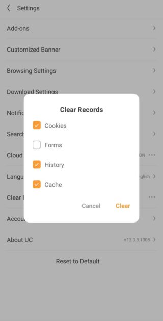 UC browser clear records and hidden cache android