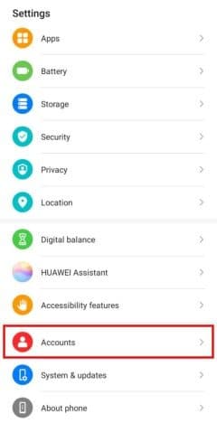 A Huawei mobile settings and accounts