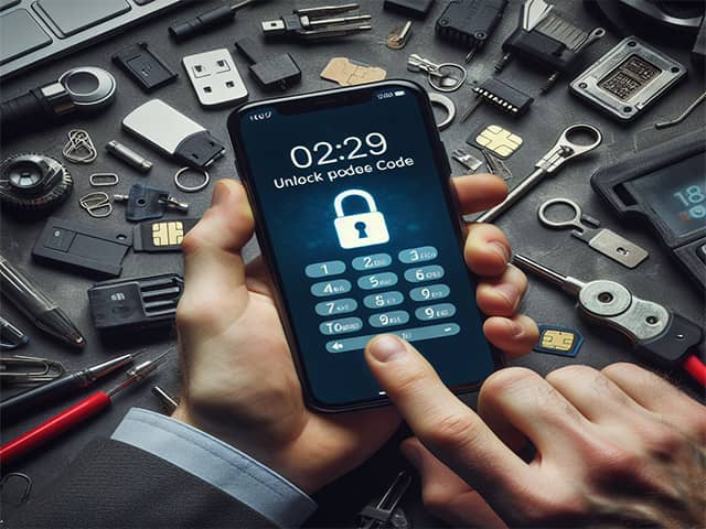 A man exploring iPhone unlock services on his phone with a lock on it.