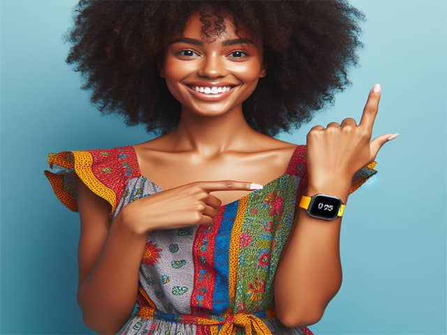 A woman with afro hair is pointing her finger at a smartwatch. Finding Your Samsung Watch
