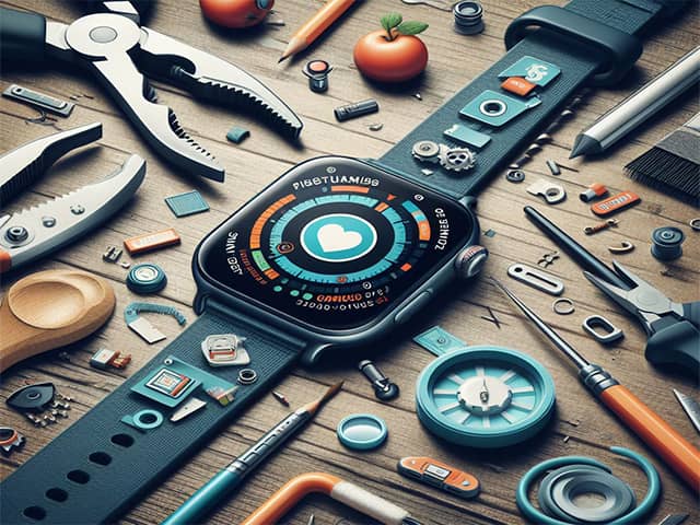 A Samsung watch surrounded by a variety of tools, troubleshooting issues.